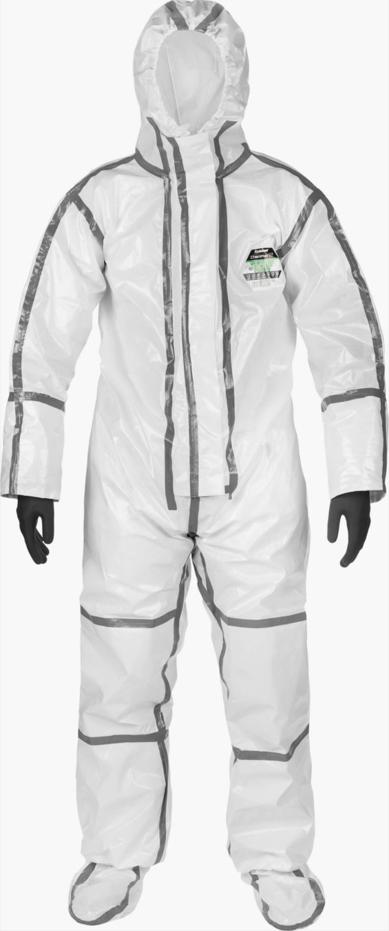 ChemMax 2 Coverall with double zip storm flap attached socks with boot overflaps attached gloves